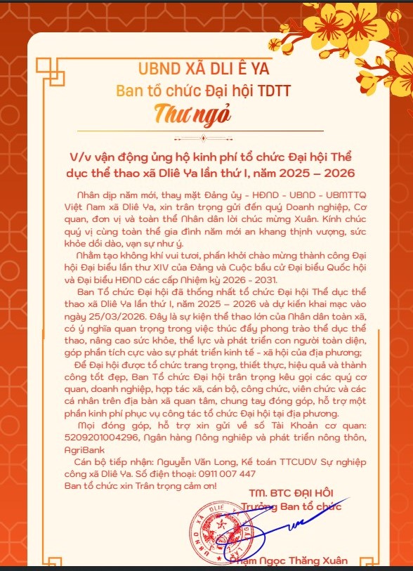 Thư ngỏ về việc vận động kinh phí hỗ trợ Đại hội Thể dục thể thao xã Dliê Ya lần thứ I, năm 2025 - 2026